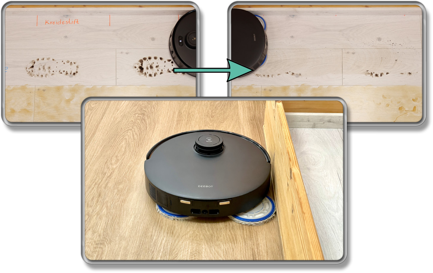 Das Wischen an Rändern entlang funktioniert durch den ausfahrbaren Wischmopp hervorragend gut