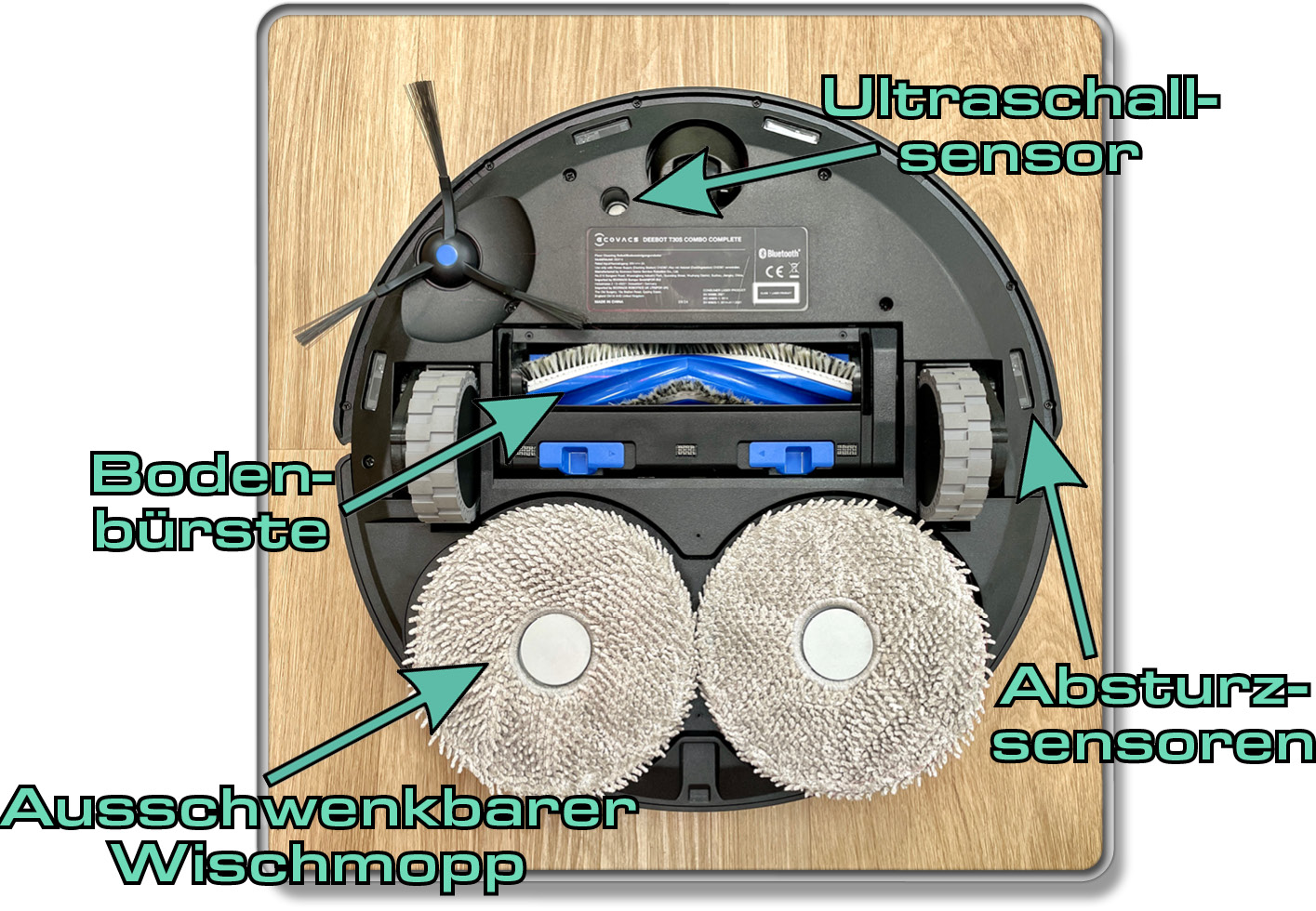 Das alles befindet sich auf der Unterseite des ECOVACS DEEBOT T30S COMBO COMPLETE