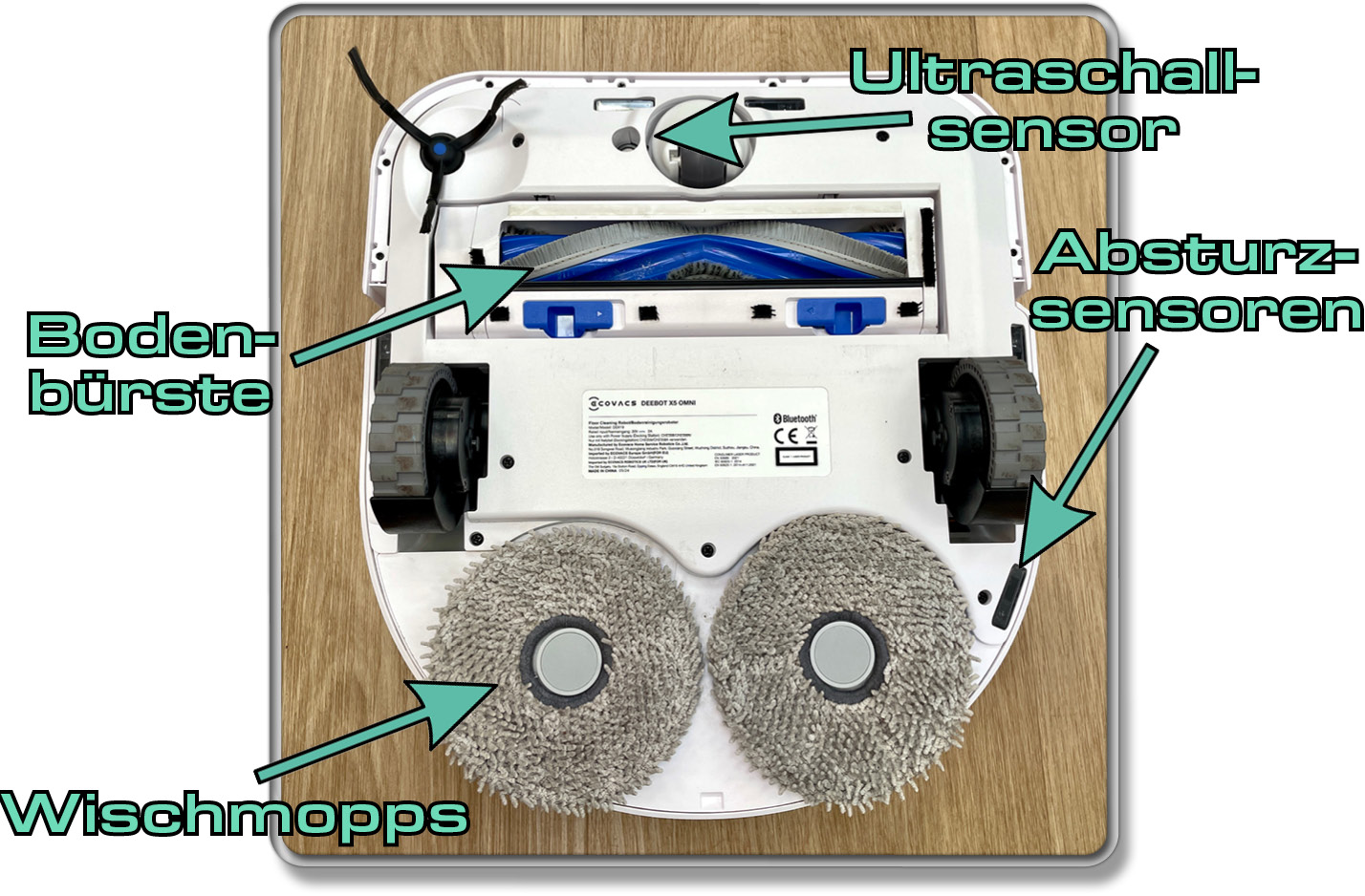 Das alles befindet sich auf der Unterseite des ECOVACS DEEBOT X5 OMNI