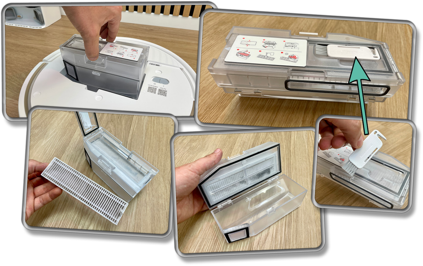 Das ist der vollständig transparente Staubbehälter des SwitchBot S10, den man nur selten zu Gesicht bekommt