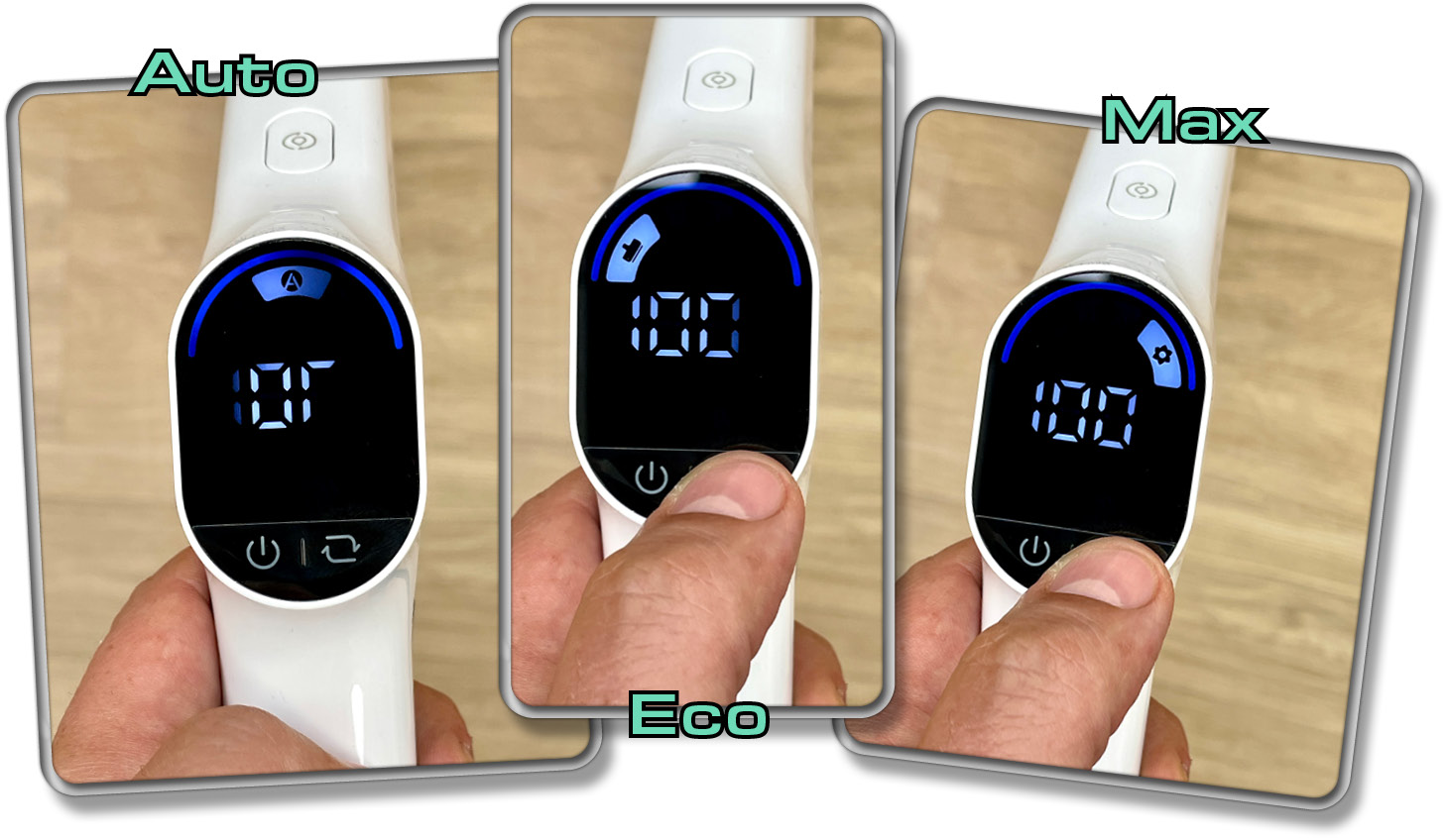 Das sind die verschiedenen Modi, die man während der Reinigung auswählen kann.