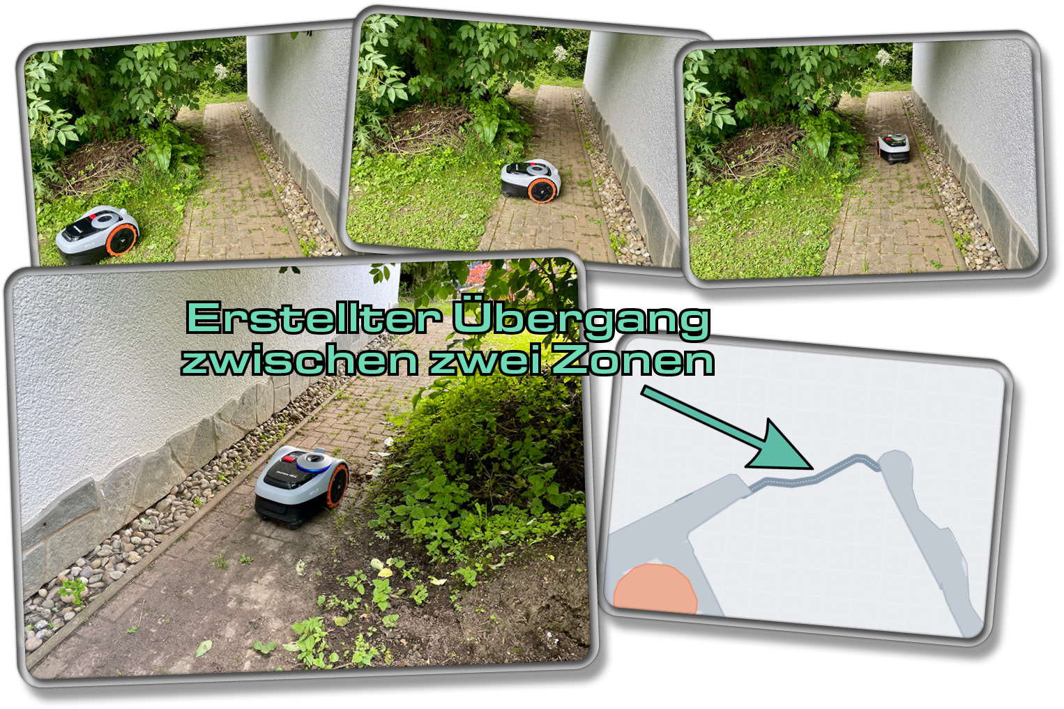 Der Segway Navimow i105 navigiert zwischen zwei Zonen hin und her, dank erstelltem Übergang