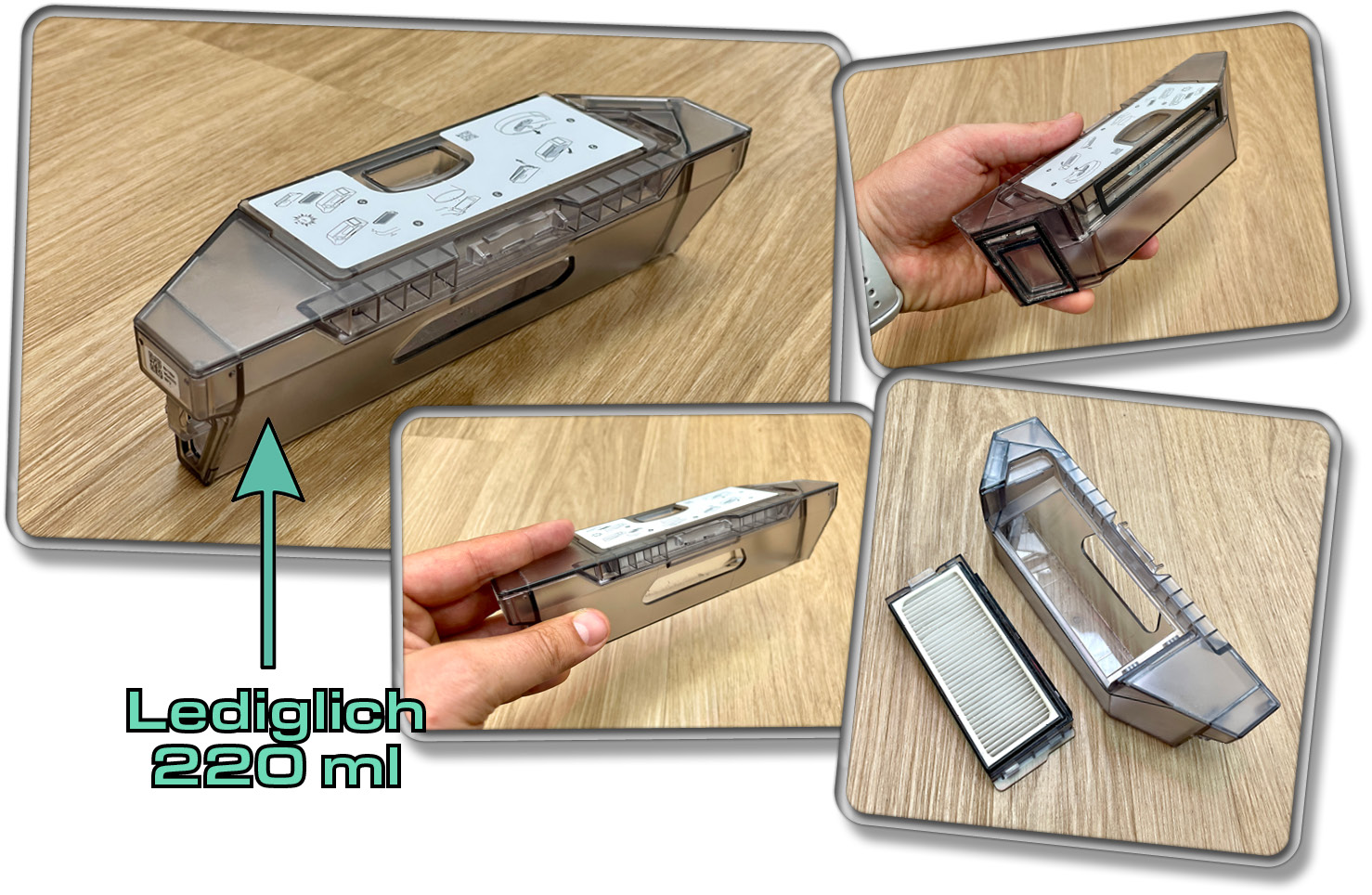 Der Staubbehälter des Roborock Qrevo Master ist mit 220 ml der kleinste, den es bei Roborock-Modellen gibt
