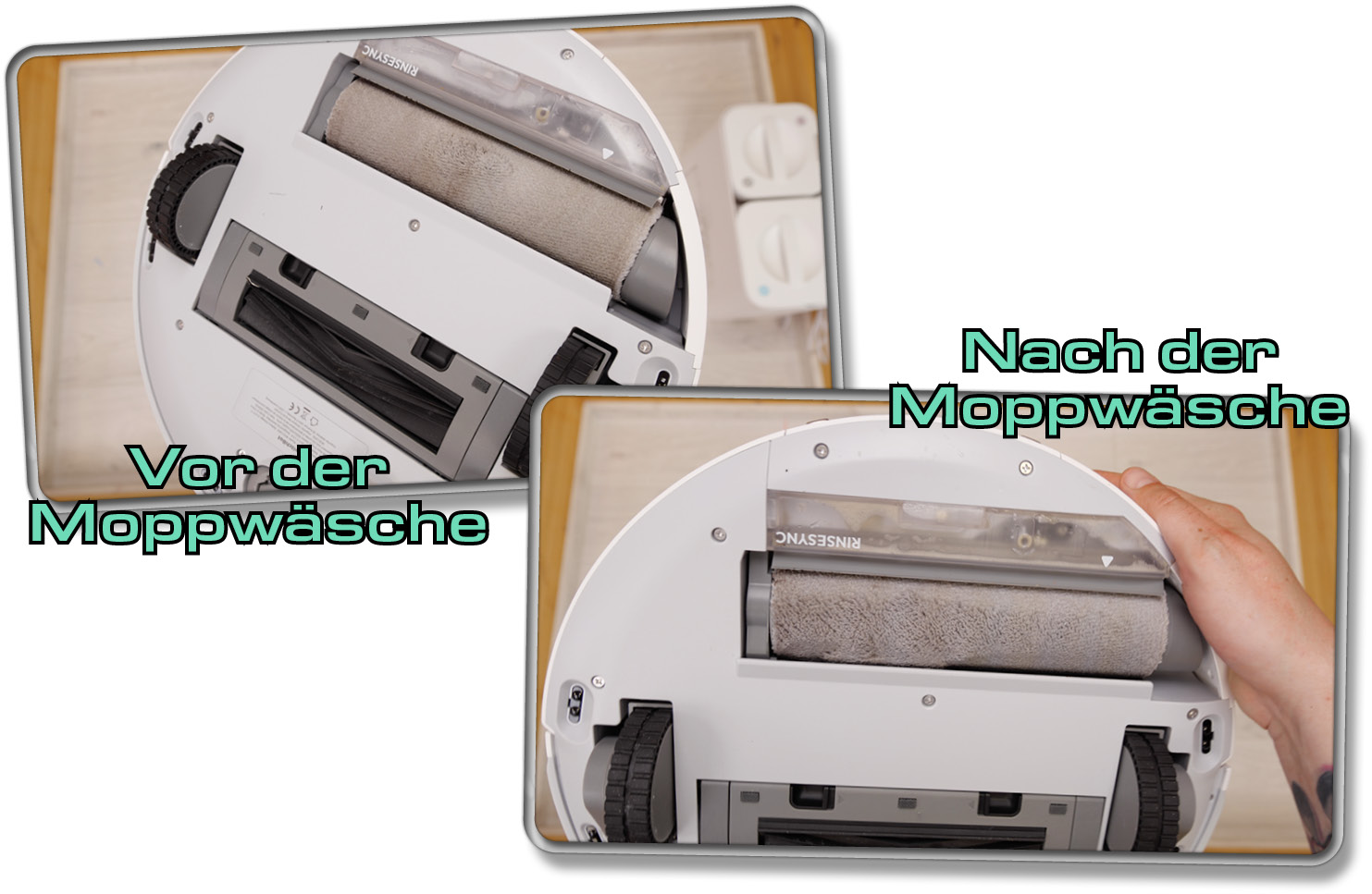 Der Vorher-Nachher-Vergleich zeigt, dass schon während dem Wischen die Wischfunktion sich selbstständig reinigt