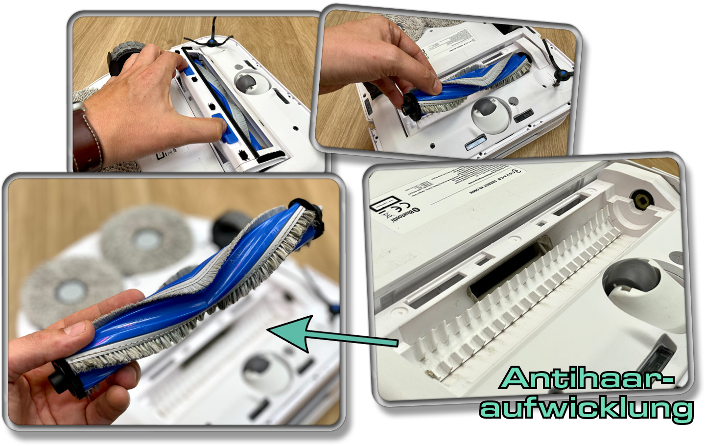 Die Bodenbürste besteht aus Borsten und besitzt in der Aufhängung eine Antihaaraufwicklung