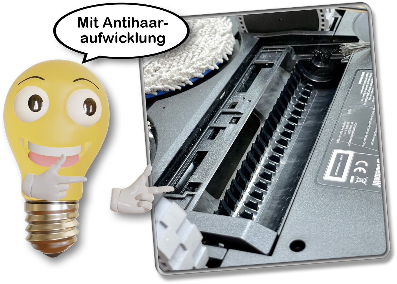 Die Führung der Bürste des ECOVACS DEEBOT T30S COMBO COMPLETE besitzt Zacken, die Haare daran hindern sollen, sich auf die Bürste aufzuwickeln