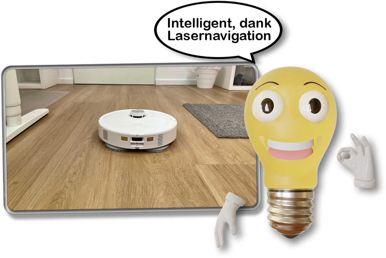 Die Navigation erfolgt über Laser, die den Saugroboter in geraden Bahnen navigieren lässt.