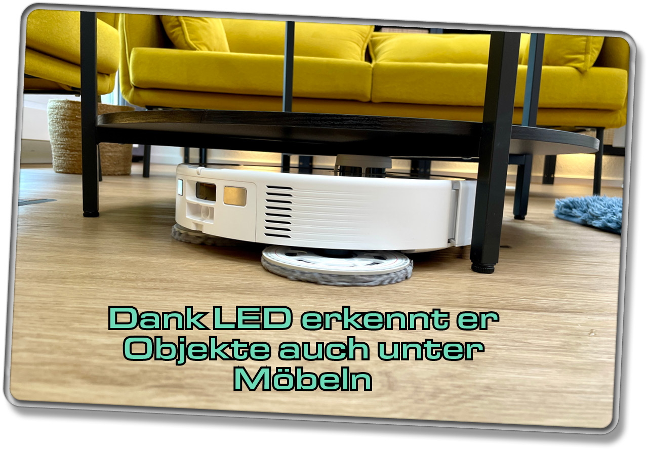 In der Front arbeitet eine LED, die Hindernisse im Dunkeln sichtbar macht für den Roborock Qrevo Master