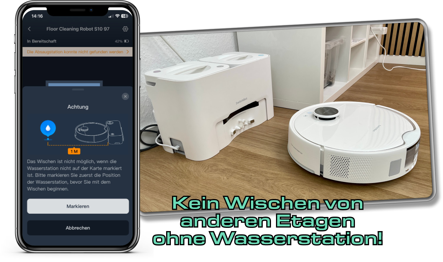 Leider benötigt der SwitchBot S10 dringend seine Wasserstation auf anderen Etagen, sonst quittiert er das Wischen vollsätndig