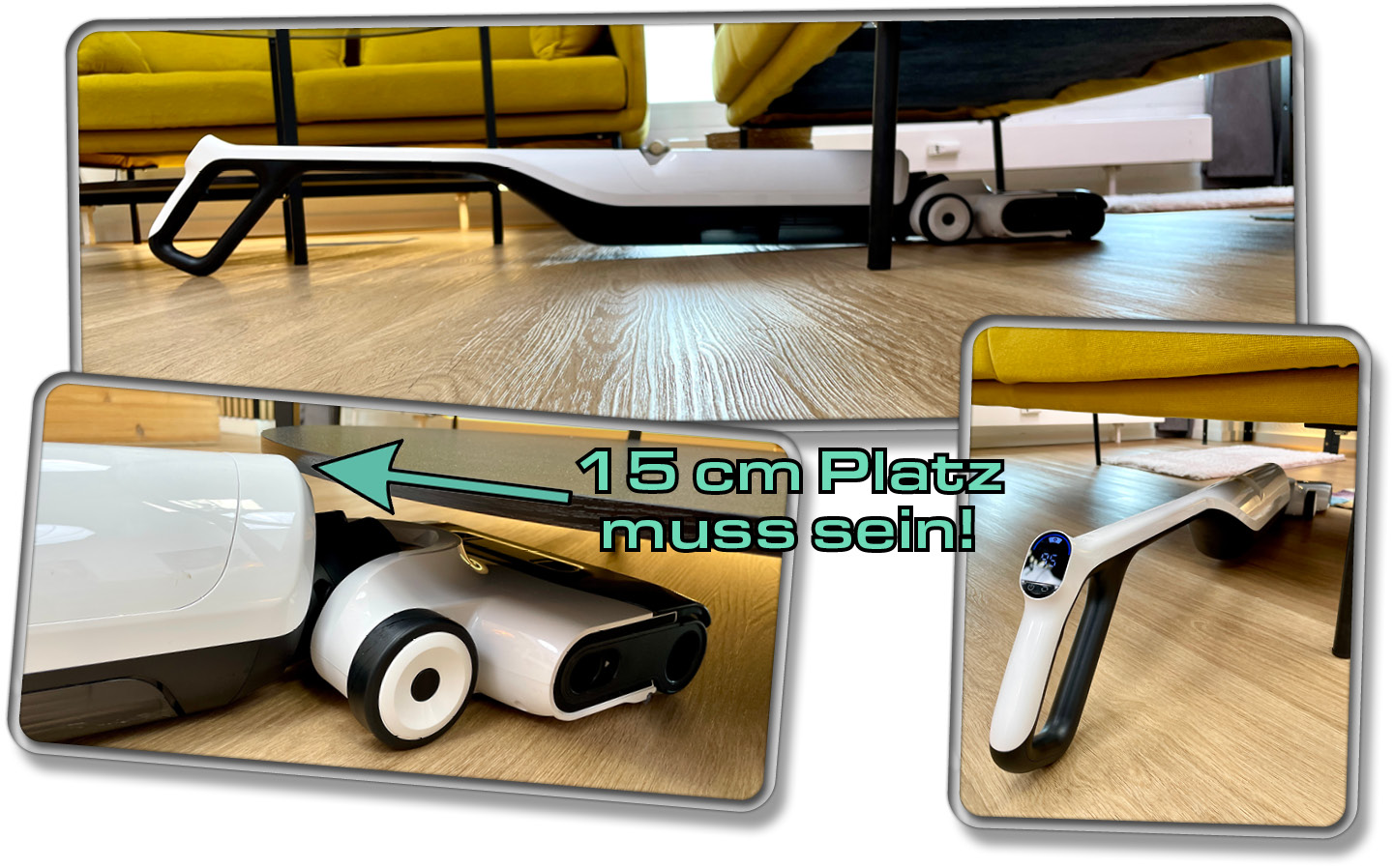 Man kommt mit dem Roborock Flexi Lite unter viele Möbel die mindestens 15 cm Platz haben