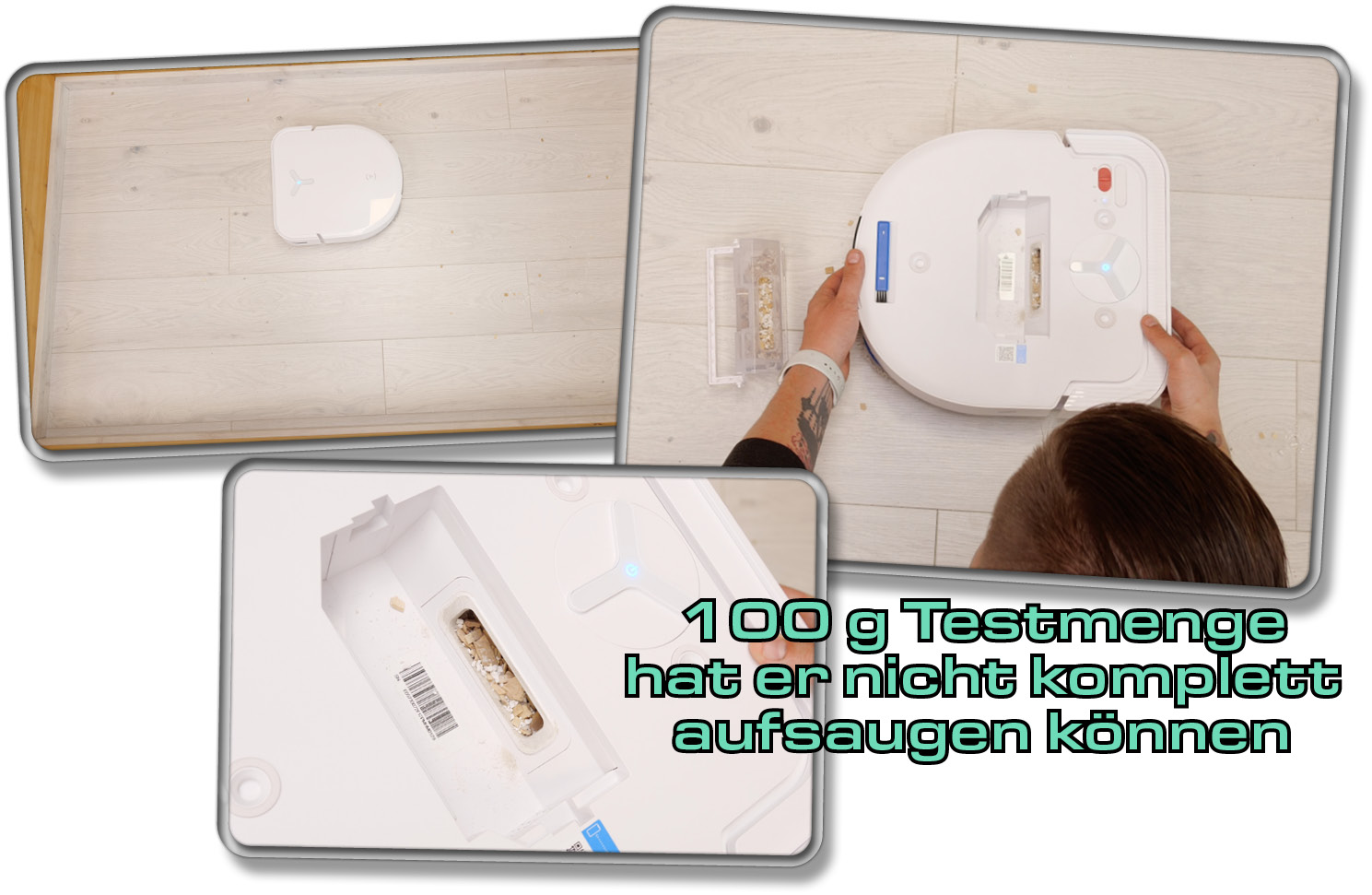 Probleme gab es mit unserer Testmenge. Der ECOVACS DEEBOT X5 OMNI hat 100 g Schmutz nicht komplett bewältigen können