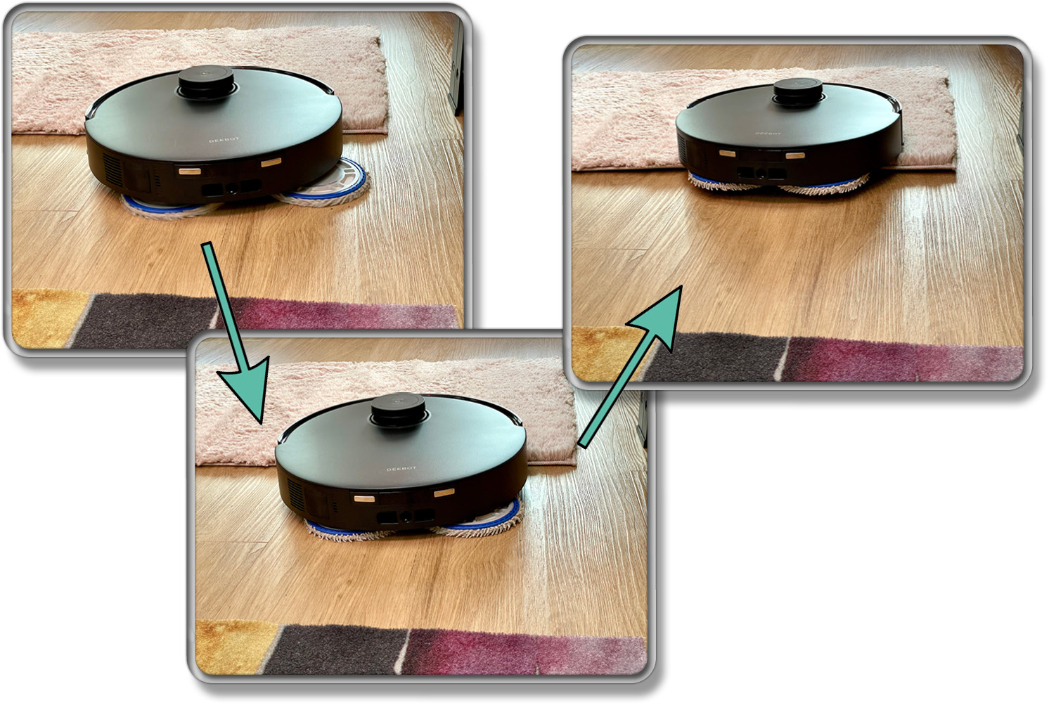 Sobald der ECOVACS DEEBOT T30S COMBO COMPLETE Teppichboden erkennt, hebt er seine Wischmopps in die Höhe