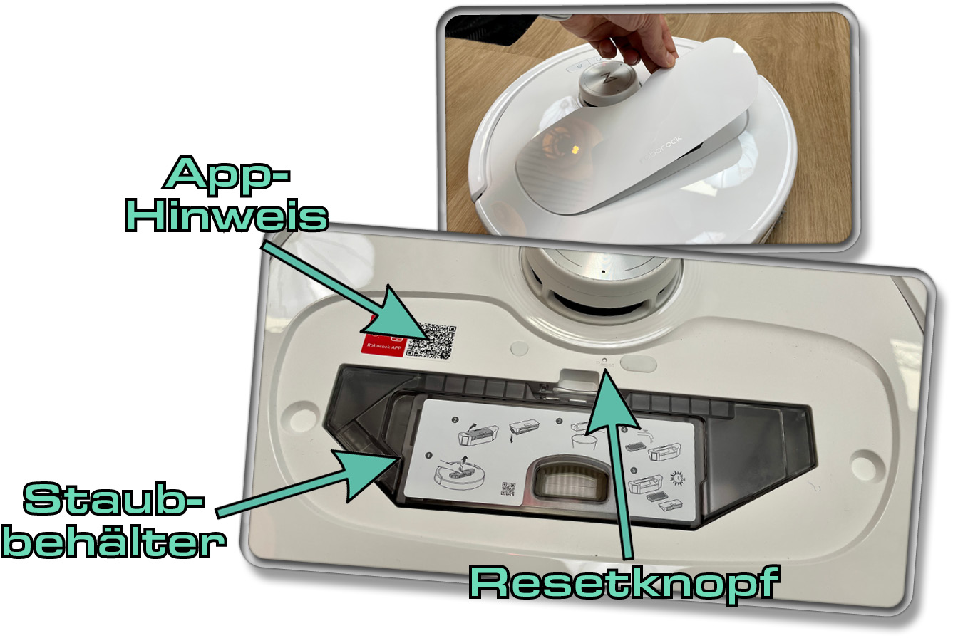 Unter der Haube des Roborock Qrevo Master, die nun magnetisch Haftet, fehlt tatsächlich die WLAN-Statusanzeige