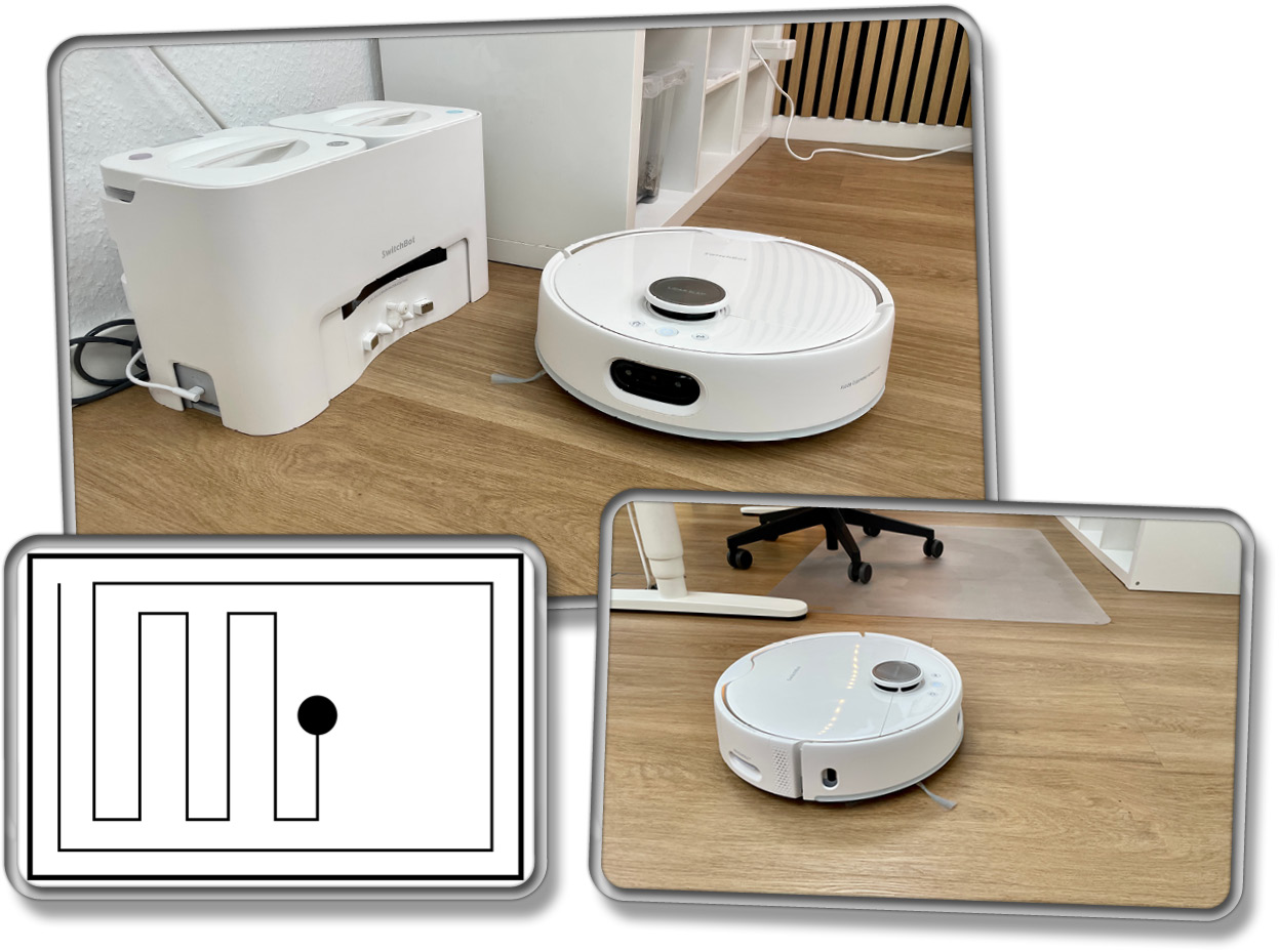 Zuerst fährt er den Randbereich, dann die Mitten des Raumes ab