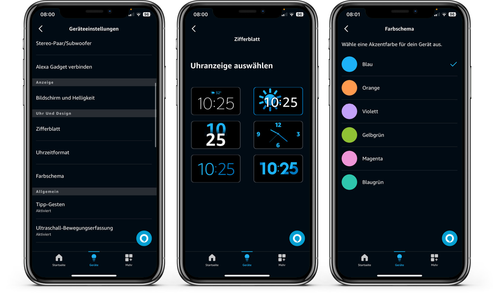 Amazon Echo Spot - Alexa-App Einstellungen der Uhr