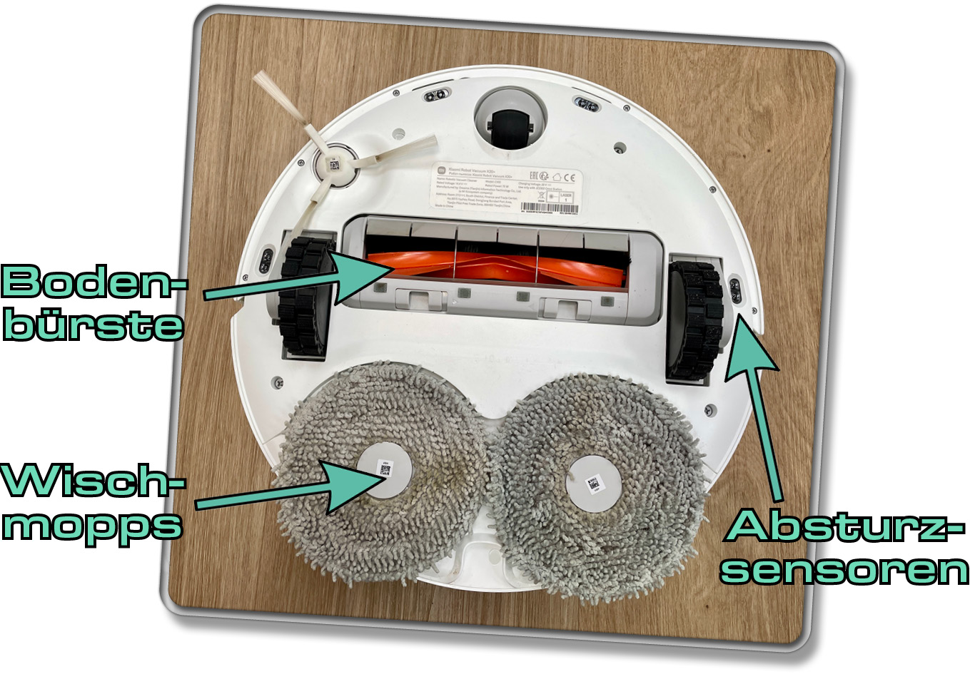 Auf der Unterseite des Xiaomi X20+ fehlt ein Ultraschallensor für die Erkennung verschiedener Bodenarten
