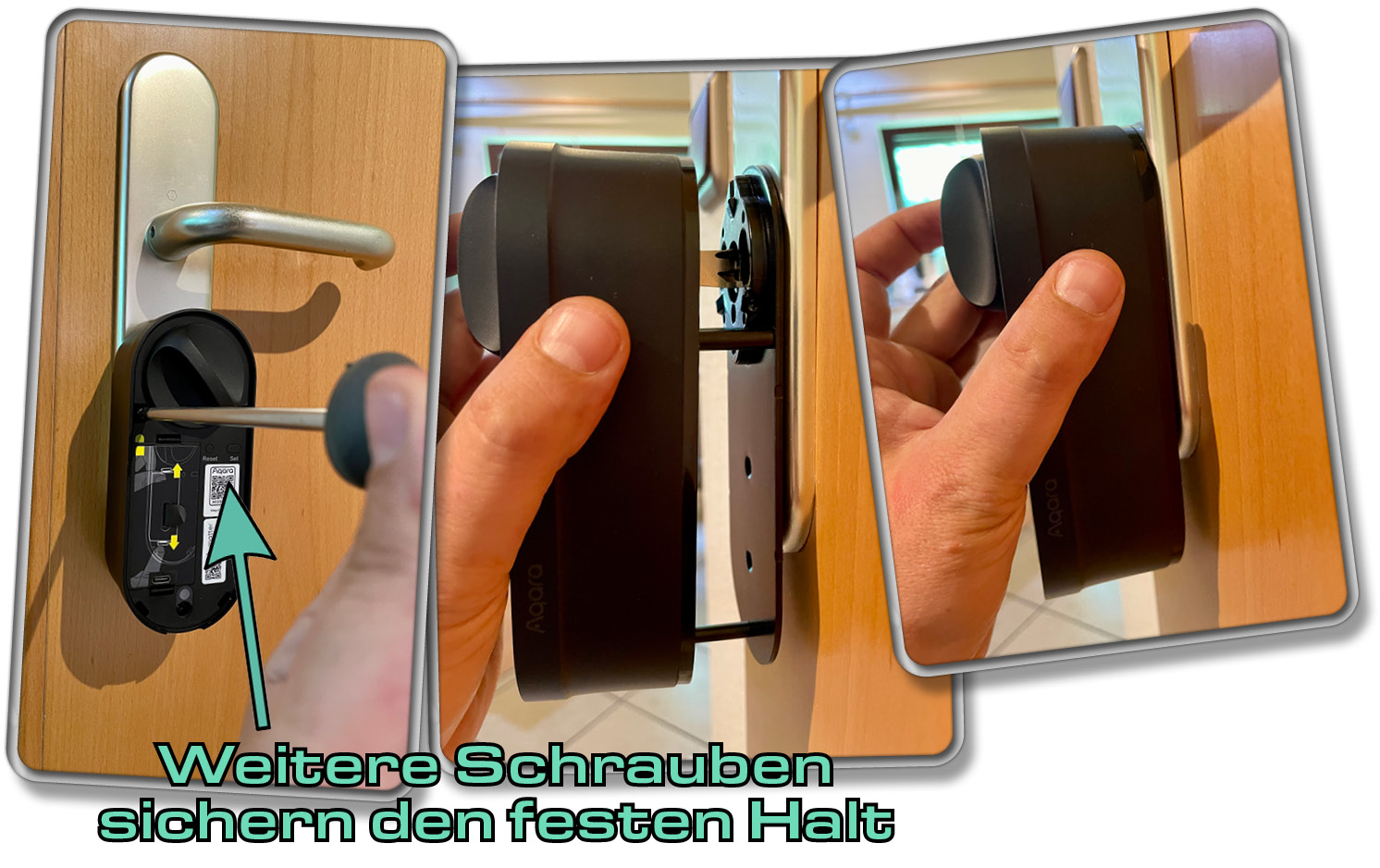 Das Aqara U200 wird mit der Grundplatte an der Türe verschraubt