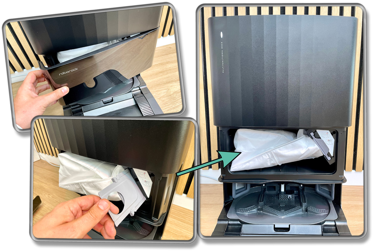 Das ist die Absaugstation des Roborock Qrevo S, mit selbst verschließendem Staubbeutel