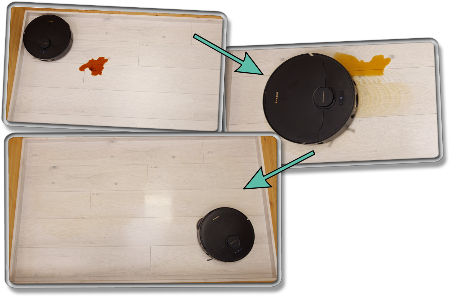 Der Dreame X30 Ultra hebt seine Bodenbürste in die Höhe, wenn er dunkle flüssige Verschmutzungen entdeckt