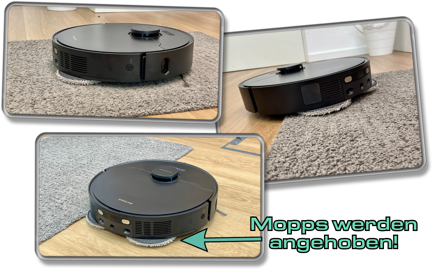 Der Dreame X30 Ultra kann über Teppichboden die Wischmopps anheben