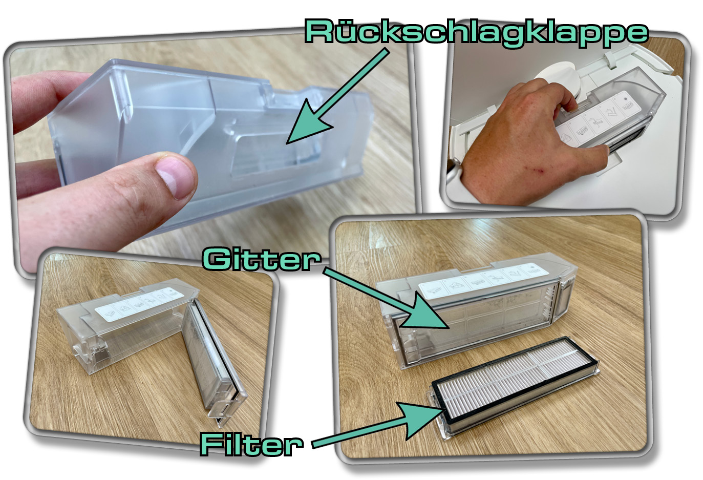 Der Staubbehälter des Xiaomi X20+ besitzt eine Rückschlagklappe und einen Feinstaubfilter