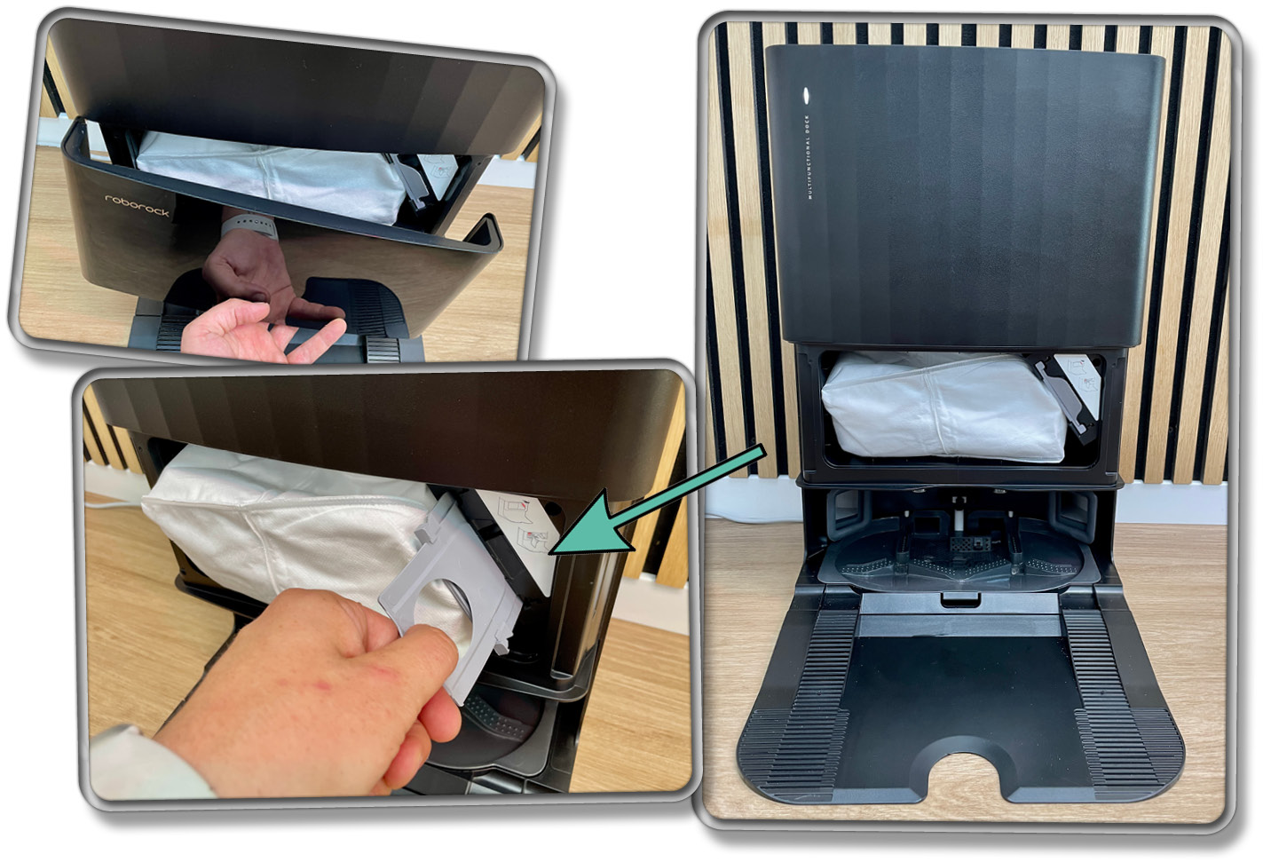 Der Staubbeutel im inneren der Station speichert das vom Saugroboter aufgesagute übel