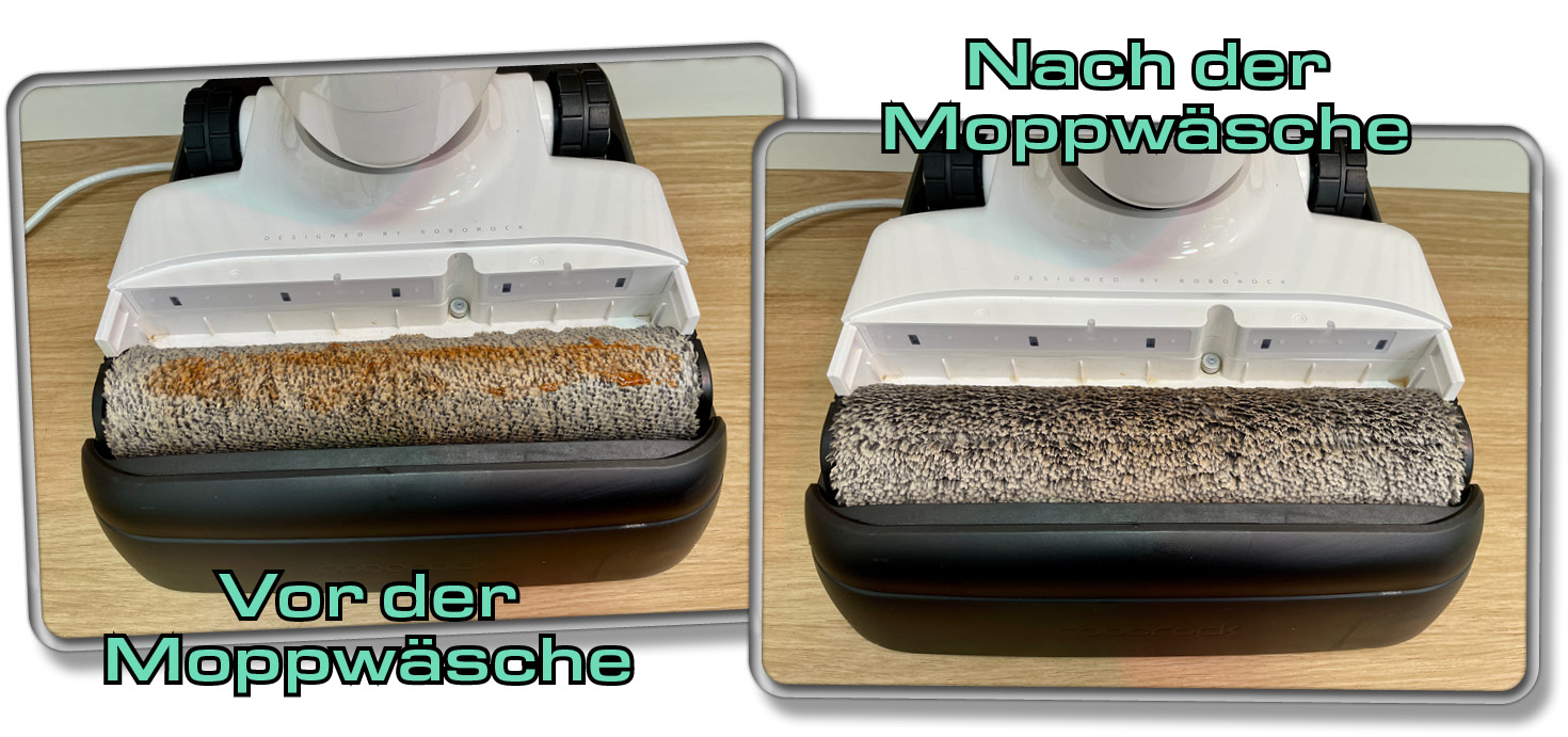 Der Vergleich zeigt, wie gut die Moppwäsche des Roborock Flexi Pro arbeitet