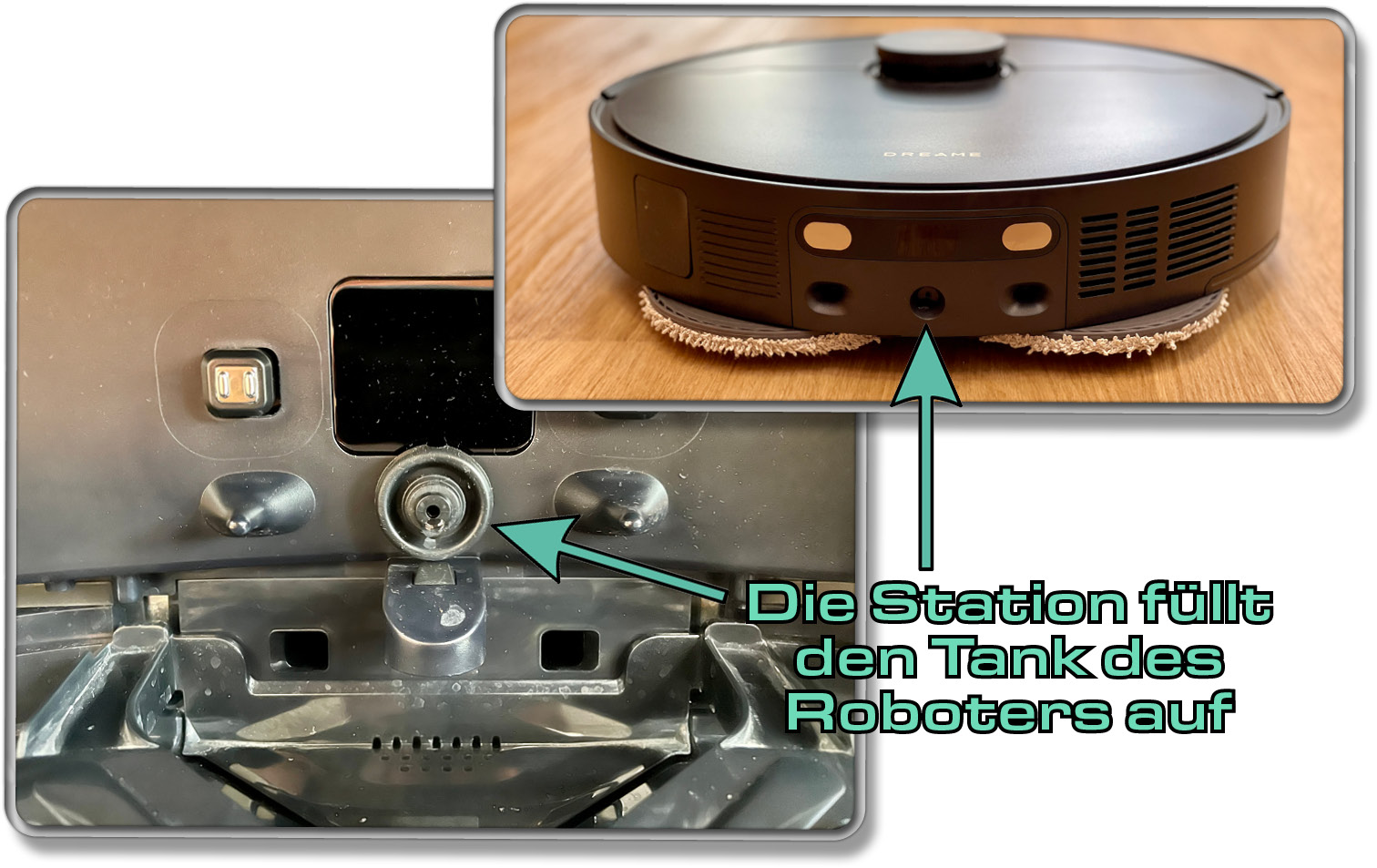 Der im Roboter befindliche Wassertank wird durch die Station befüllt