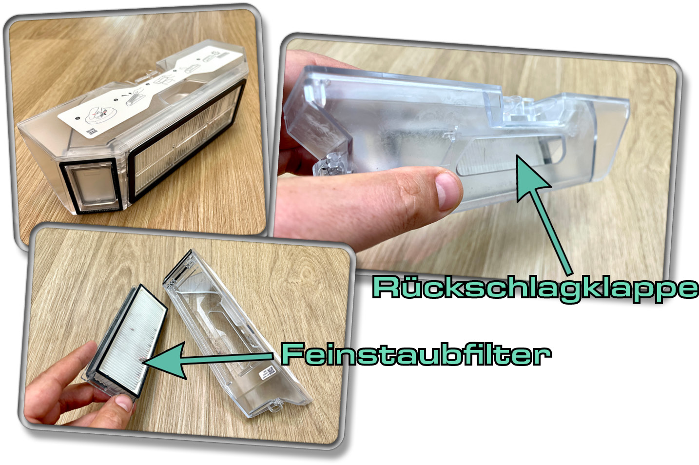 Der transparente Staubbehälter fasst 330 ml und besitzt eine Rückschlagklappe