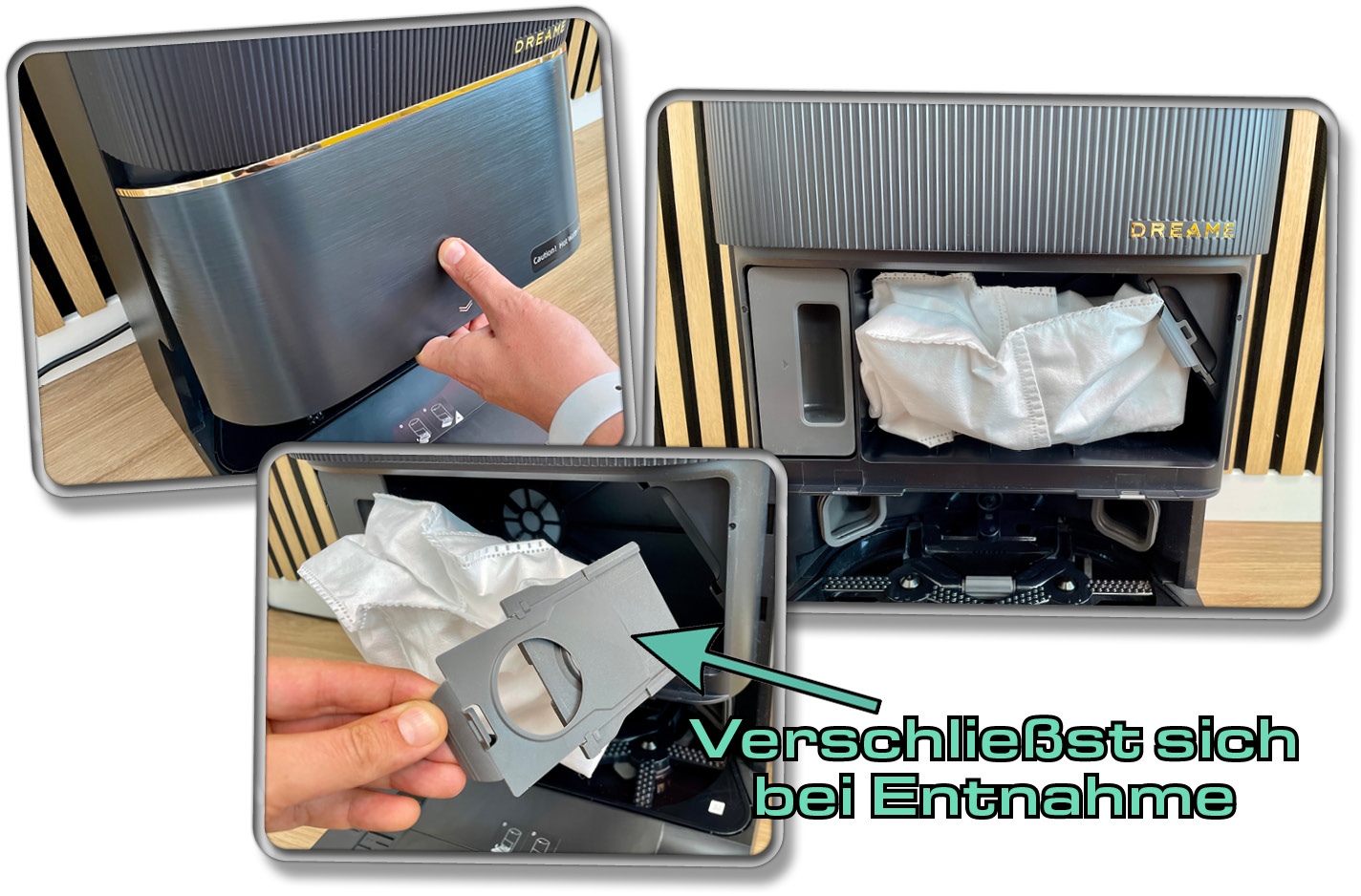 Die Absaugstation besitzt einen Staubbeutel, in den der Schmutz eingesaugt wird.