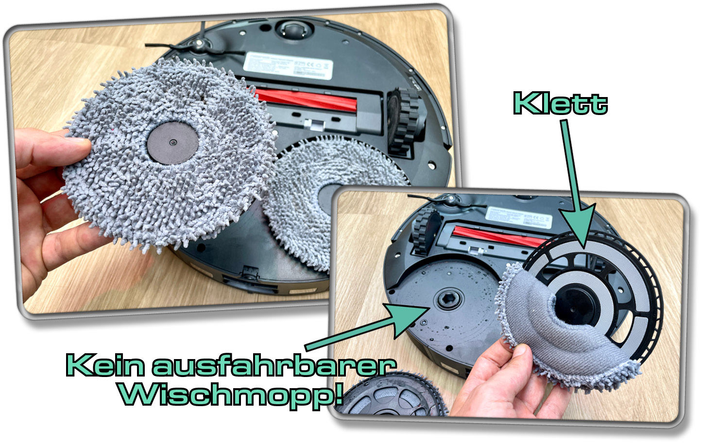 Die Wischmopps haften magnetisch und mittels Klettverschluss und können so unkompliziert in die Waschmaschine gegeben werden.