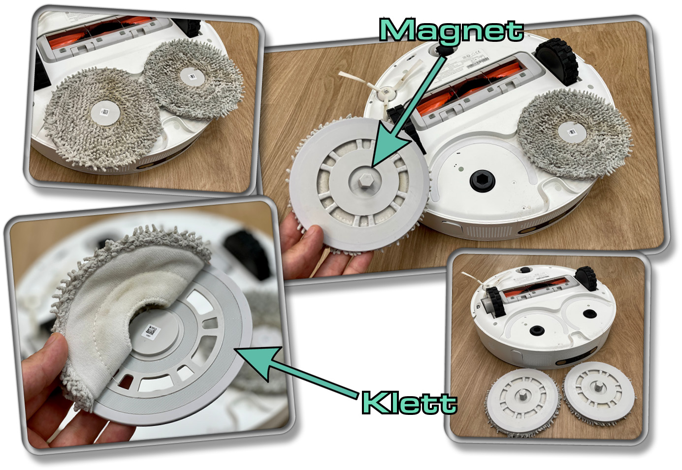 Die Wischmopps haften magnetisch und über Klett am Roboter