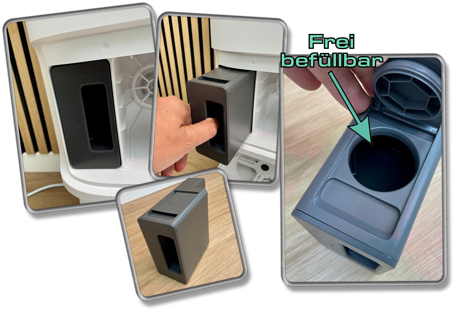 Der Reinigungsmitteldosierer befindet sich hinter der Abdeckung und ist frei befüllbar