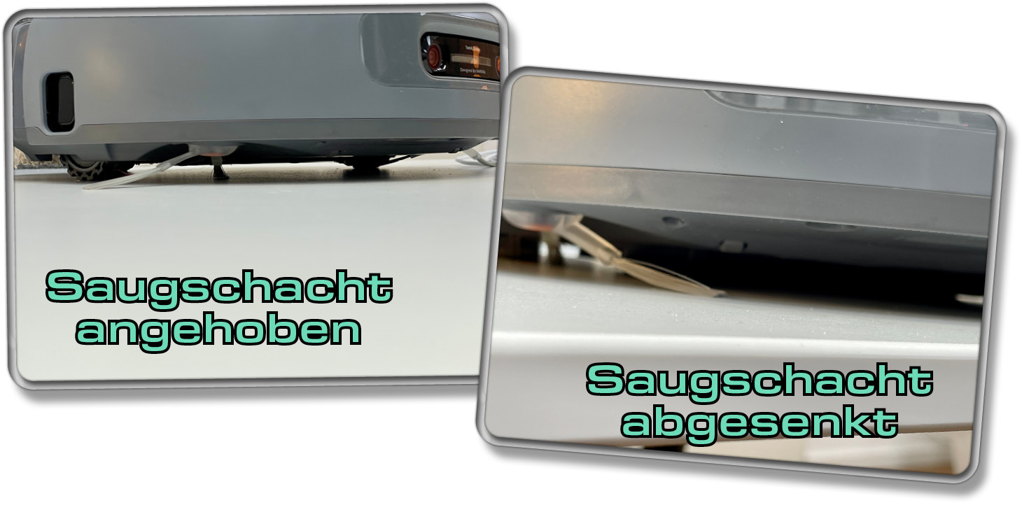 Auf den Bildern sieht man, wie der Narwal Freo Z Ultra seinen Saugschacht anheben und senken kann