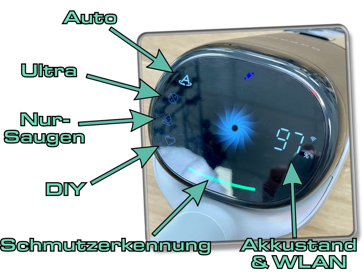 Das Display des Dreame H14 Pro zeigt alles an, was man an Informationen benötigt
