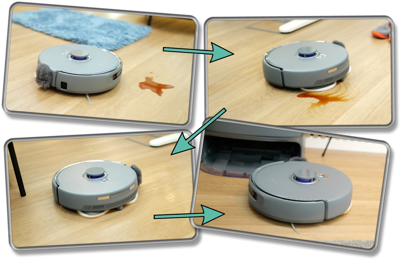 Der Narwal Freo Z Ultra erkennt grobe Flüssigkeiten, ändert seine Strategie und wäscht danach seine Wischmopps in der Station aus
