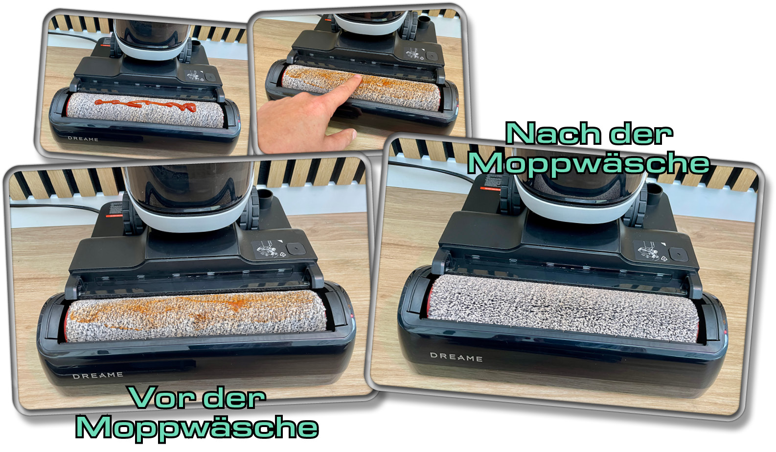 Der Vergleich zeigt deutlich, wie gut die Moppwäsche des Dreame H14 Pro arbeitet