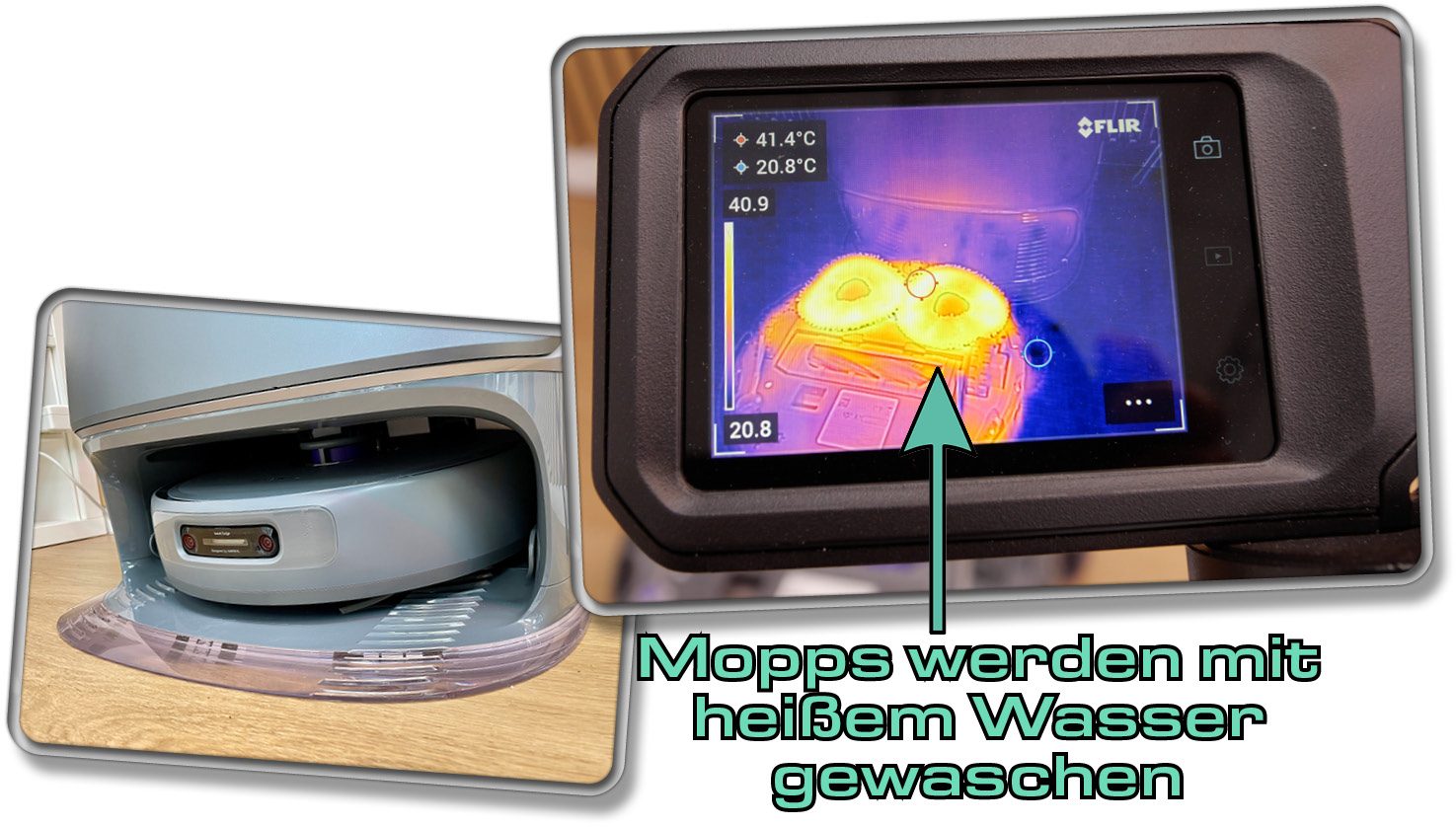 Die Wischmopps werden mit heißem Wasser ausgewaschen