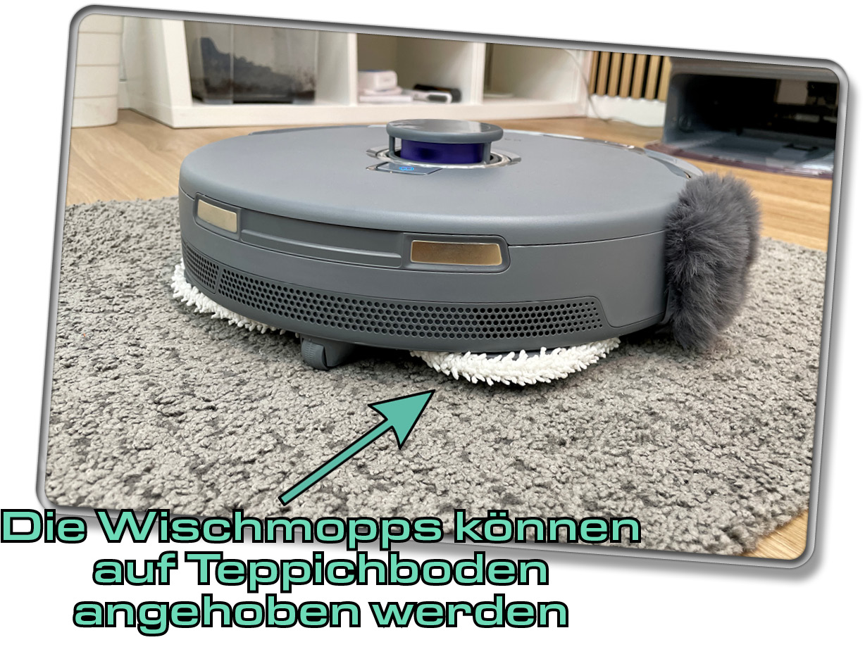 Teppichboden bleibt trocken, da die Wischmpps des Narwal Freo Z Ultra angehoben werden können