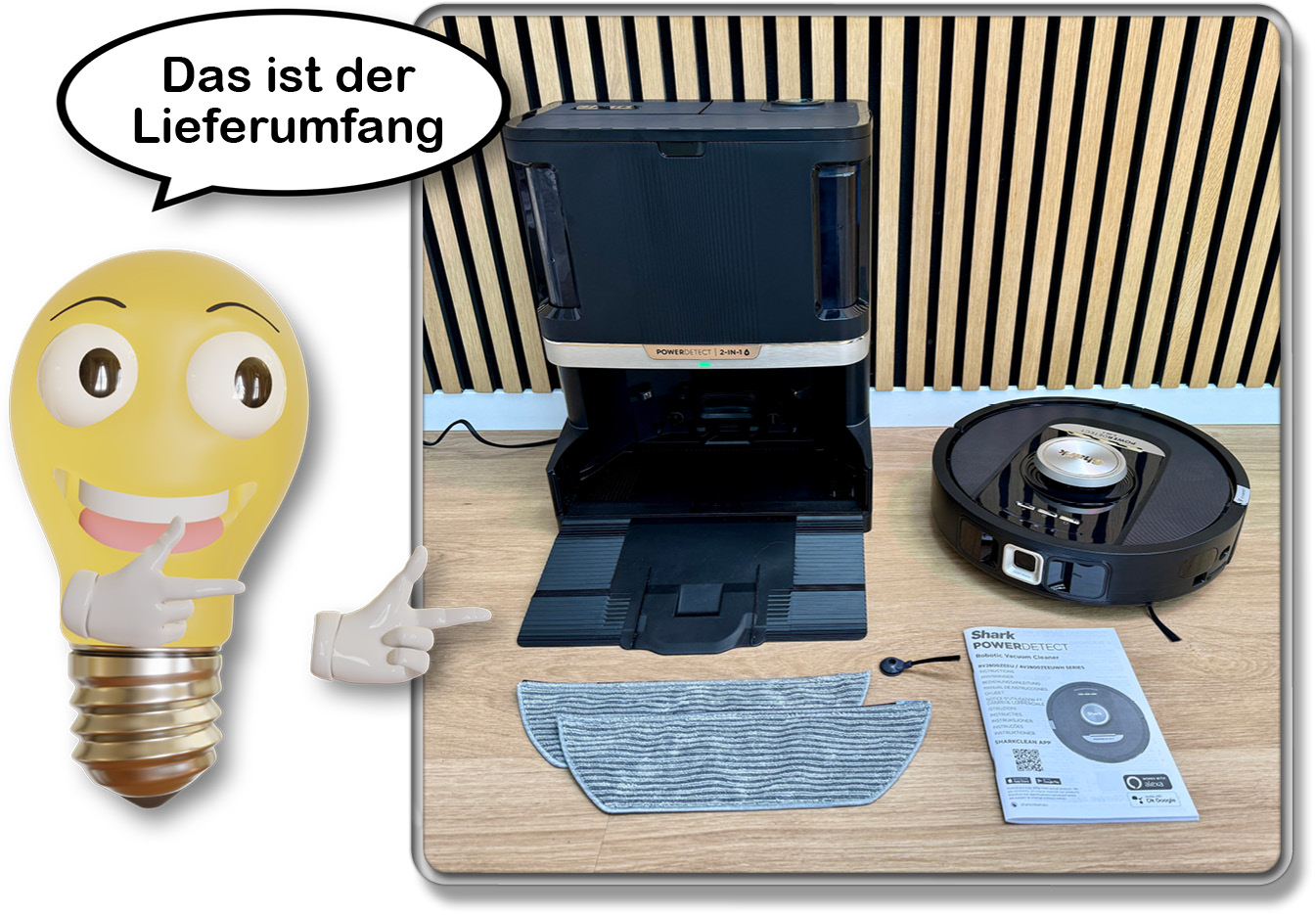 Das ist der Lieferumfang des Shark PowerDetect NeverTouch 2-in-1 Saugroboter