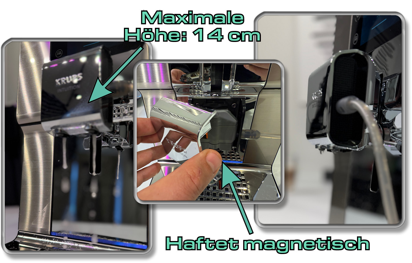 Der Getränkeauslass des Krups Intuition Experience+ Kaffeevollautomat ist durchaus hochwertig und kann eine maximale Höhe von 14 cm erreichen