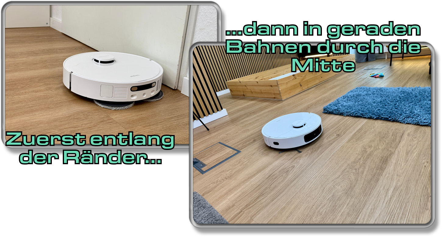 Der Mova E30 Ultra navigiert zuerst am Rand entlang, dann durch die Mitte in geraden Bahnen