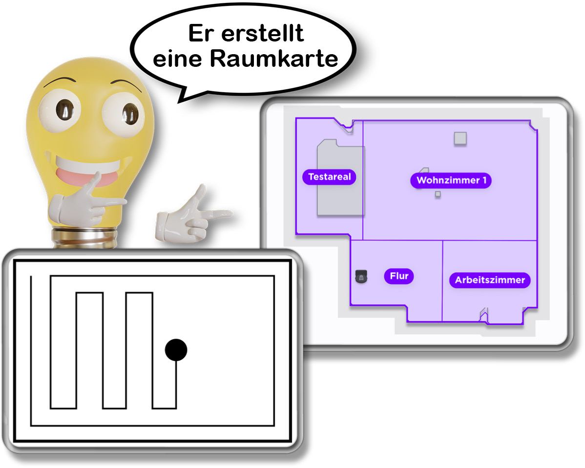 Der Saugroboter erstellt, dank Lasernavigation, eine präzise Raumkarte des Zuhauses