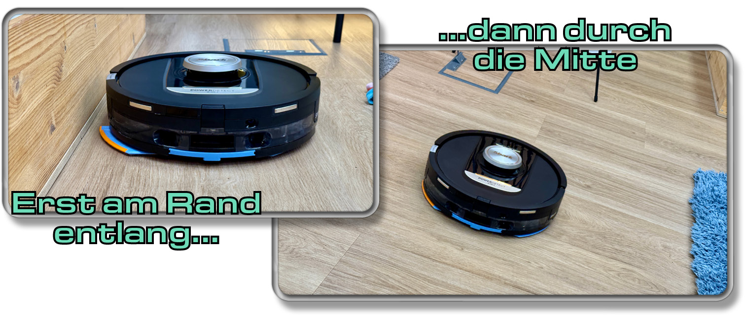 Der Saugroboter widmet sich erst dem Randbereich und kehrt dann in die Mitte des Raumes in geraden Bahnen ein