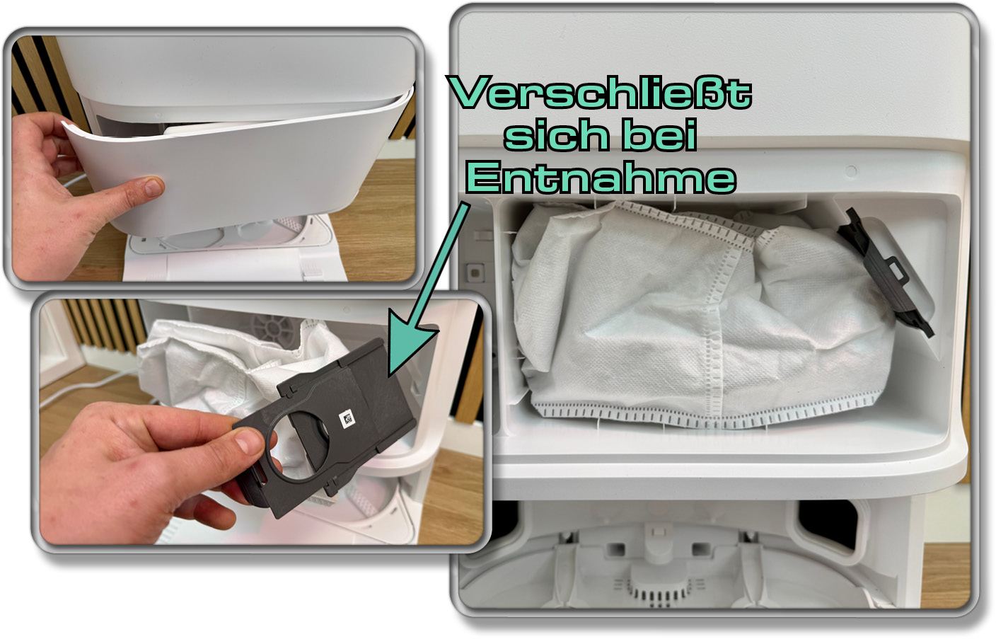 Der Staubbeutel der Station verschließt sich selbst bei Entnahme