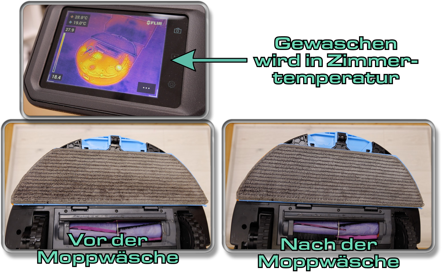 Der Vergleich zeigt auf, wie gut die Moppwäsche des Shark PowerDetect 2-in-1 arbeitet