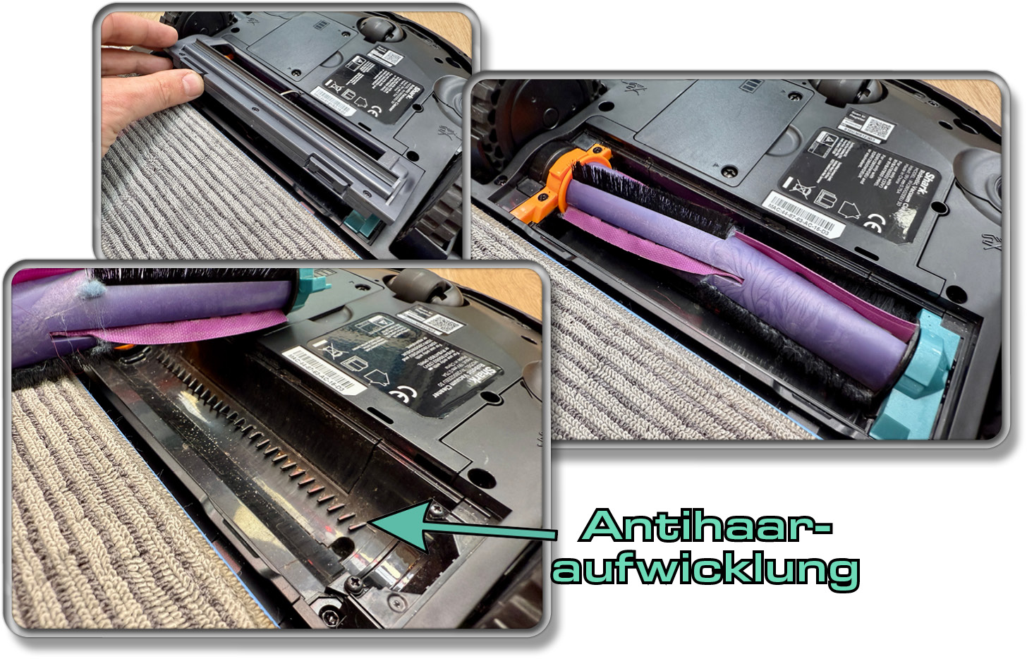 Die Bodenbürste ist speziell gegen das Aufwickeln von Haaren konzipiert