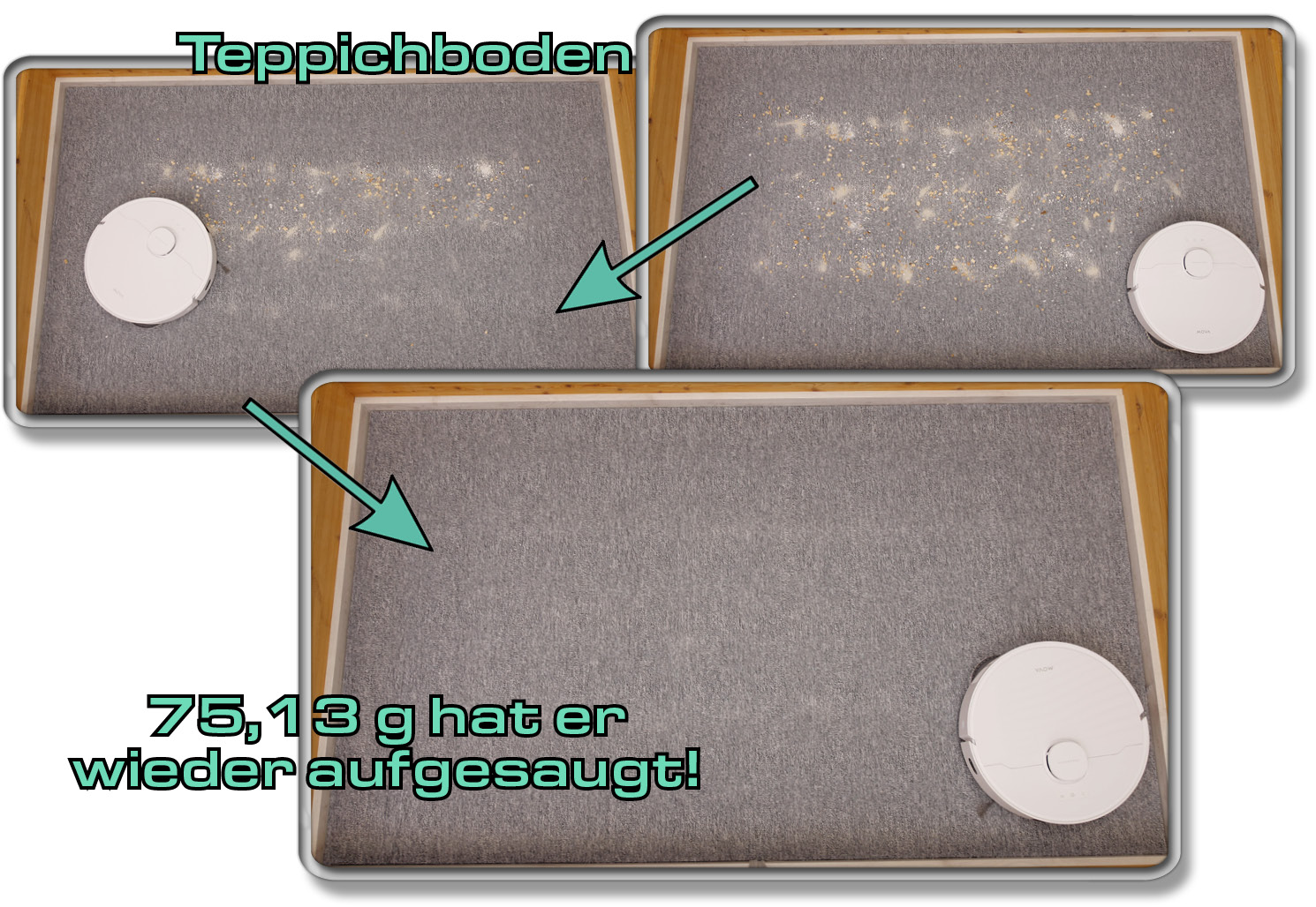 Mova E30 Ulta - Die ermittelte Saugleistung auf Teppichboden