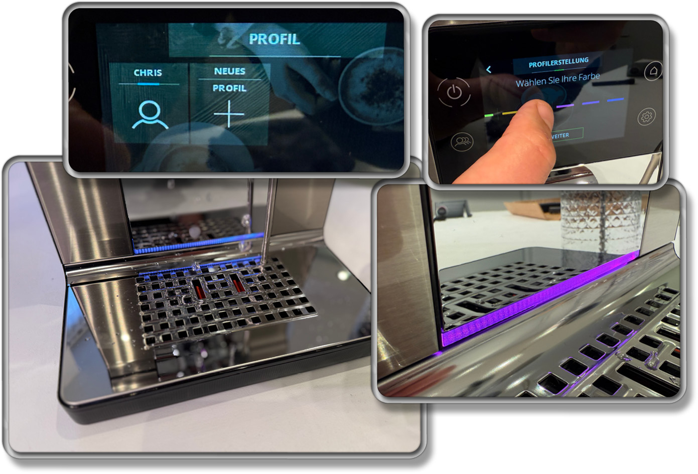 Über der Abtropfschale befindet sich eine LED, die mittels Profileinstellung in der Farbe geändert werden kann