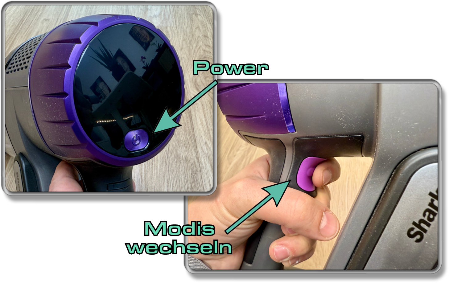 Über diese zwei Tasten wird der Shark PowerDetect bedient